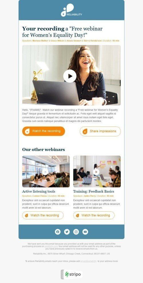 Plantilla de correo electrónico «Tu grabación» de Día Internacional de la Mujer para la industria de Seminarios en línea Vista de móvil