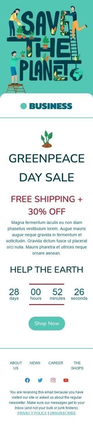 Modèle de courrier électronique Greenpeace Day «Vente de jour de Greenpeace» pour le secteur Business Affichage mobile