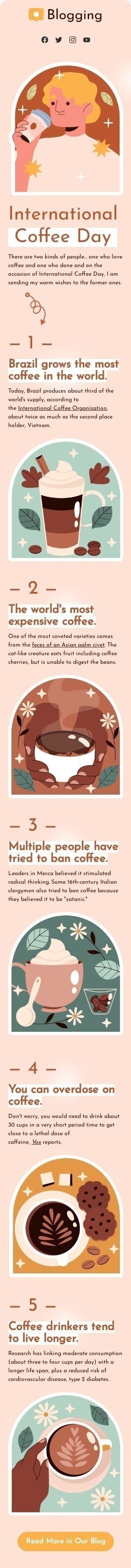 Modèle de courrier électronique Journée internationale du café «Vous pouvez faire une overdose de café» pour le secteur Publications & Blogging Affichage mobile