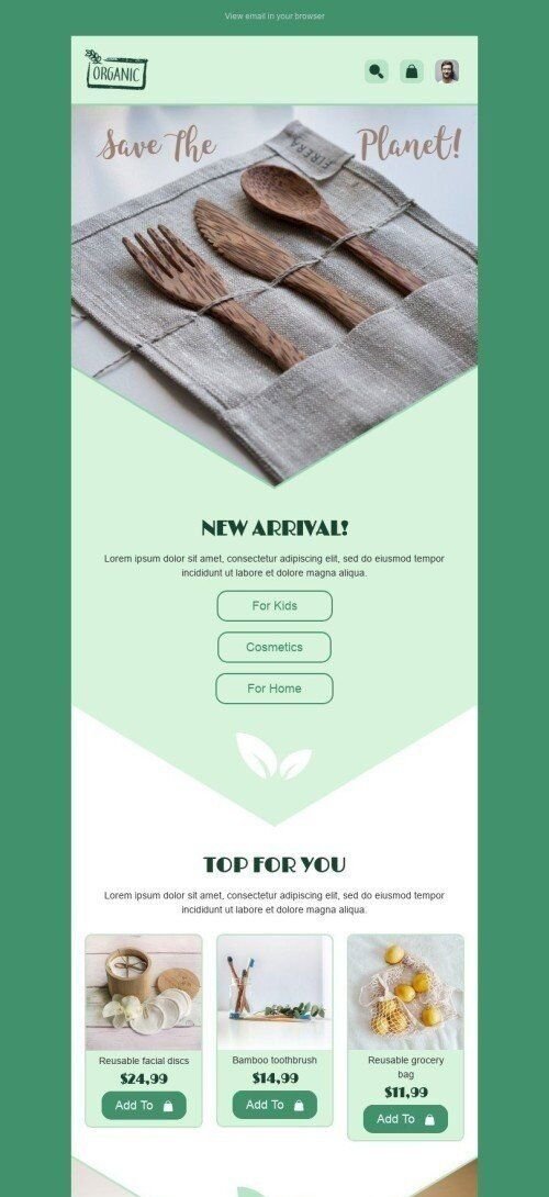 Modelo de E-mail de «Ecologicamente correto» de Dia da Terra para a indústria de Bens Orgânicos e Ecológicos Visualização de dispositivo móvel