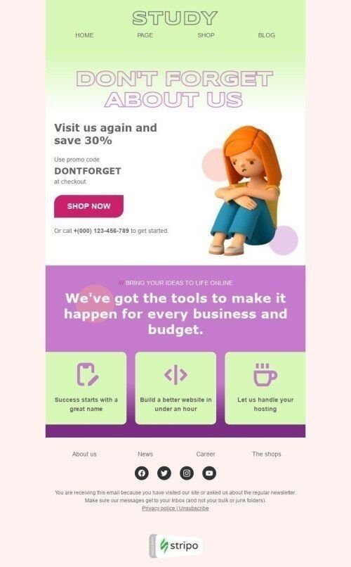 Modelo de E-mail de «Não se esqueça de nós» de Retenção e reativação para a indústria de Educação Visualização de dispositivo móvel