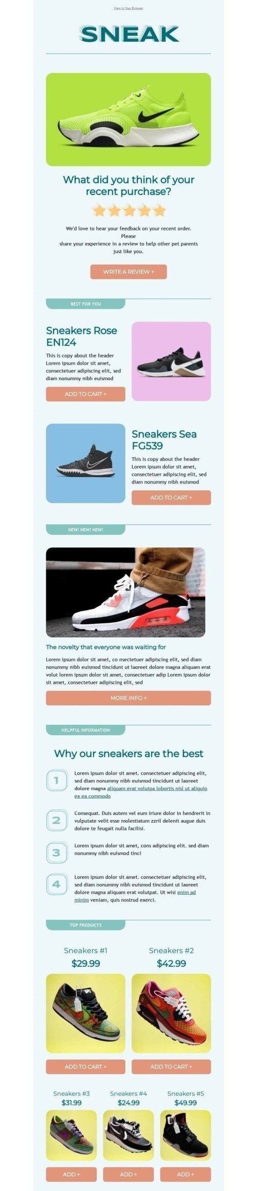 Post Purchase Email Template "Recent purchase" for Fashion industrydesktop view