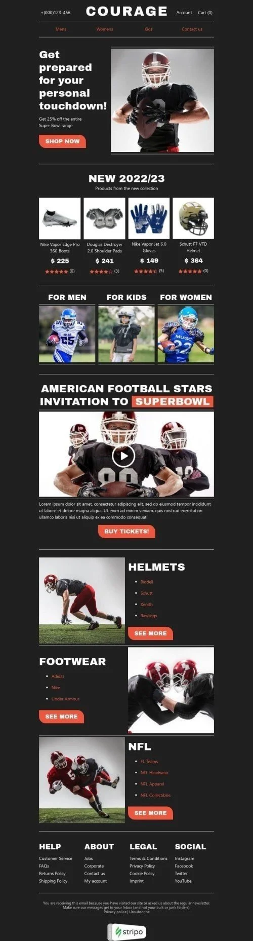 Super Bowl Email Template "Get prepared" for Sports industry