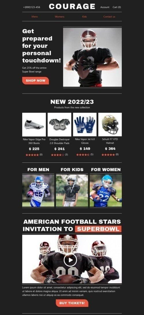 Modelo de E-mail de «Se prepare» de Super Bowl para a indústria de Esportes Visualização de dispositivo móvel