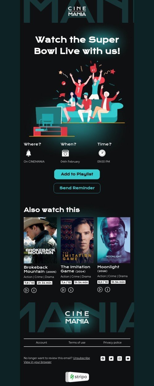 Шаблон листа до свята Супербоул/Суперкубок «Дивіться Суперкубок у прямому ефірі з нами» для індустрії «Спорт» десктопний вигляд