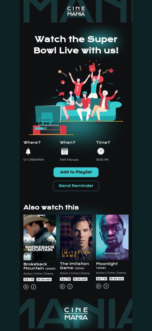Modelo de E-mail de «Assista ao Super Bowl ao vivo conosco» de Super Bowl para a indústria de Esportes Visualização de dispositivo móvel