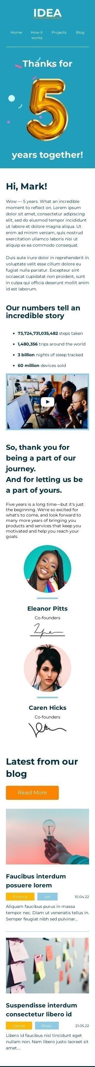 Modello Email Nota personale «5 anni insieme» per il settore industriale di Crowdfunding Visualizzazione mobile