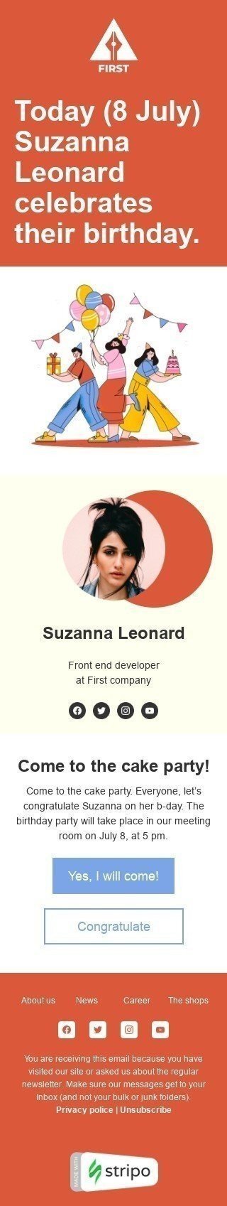 Modelo de E-mail de «Venha para a festa do bolo!» de Nota pessoal para a indústria de Design Visualização de dispositivo móvel