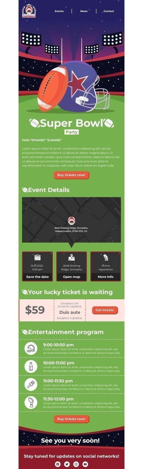 Modello Email Super Bowl «Festa del Super Bowl» per il settore industriale di Sport Visualizzazione desktop