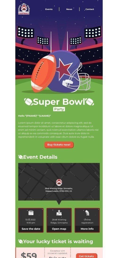 Modelo de E-mail de «Festa do Super Bowl» de Super Bowl para a indústria de Esportes Visualização de dispositivo móvel