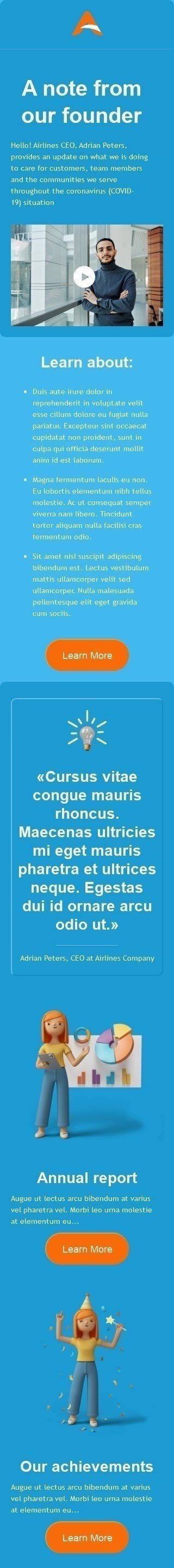 Persönliche Anmerkung E-Mail-Vorlage «Eine Notiz von unserem Gründer» für Fluggesellschaft-Branche Ansicht auf Mobilgeräten