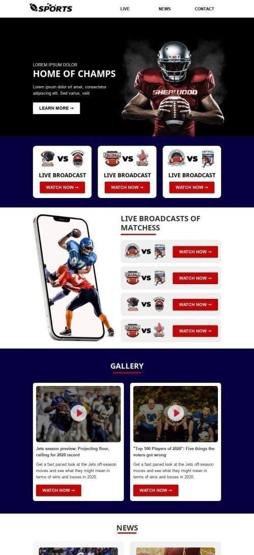 Modelo de E-mail de «Semana de transmissão» de Super Bowl para a indústria de Esportes Visualização de dispositivo móvel