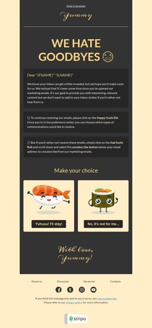 Шаблон листа «Ми ненавидимо прощання» тематики Утримання та Реактивація для індустрії «Їжа» мобільний вигляд