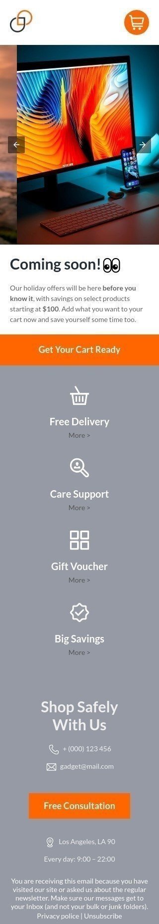 Plantilla de correo electrónico «Prepara tu carrito» de Anuncio para la industria de Gadget Vista de móvil