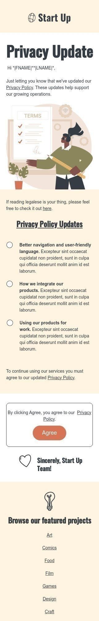 Шаблон листа «Оновлення конфіденційності» тематики Анонс для індустрії «Краудфандинг» мобільний вигляд