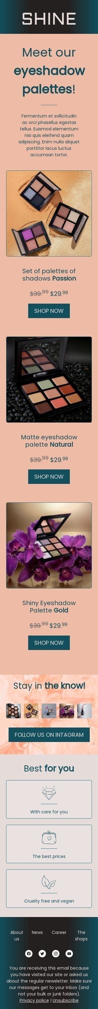 Шаблон письма «Знакомство с палитрами теней для век» тематики Анонс запуска нового продукта для индустрии «Косметика» мобильный вид