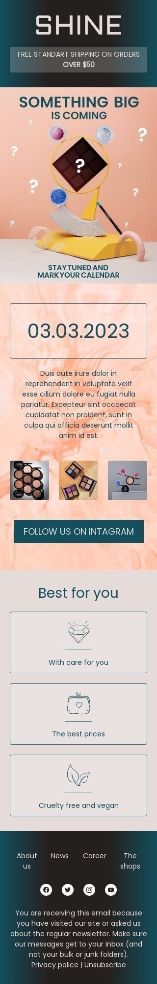 Modello Email Annuncio di lancio del prodotto «Rimani sintonizzato» per il settore industriale di Bellezza e cura della persona Visualizzazione mobile