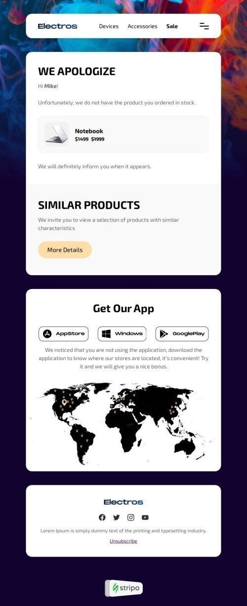 Modello Email Scusa «Nuova alternativa» per il settore industriale di Ecommerce Visualizzazione desktop