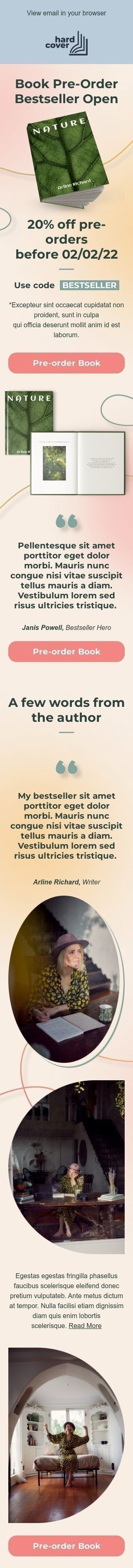 Modello Email Annuncio di lancio del prodotto «Prenota in preordine Bestseller aperto» per il settore industriale di Libri, regali e cancelleria Visualizzazione mobile