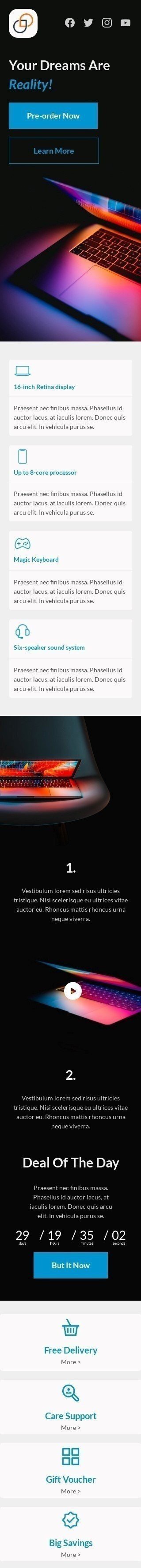 Modello Email Annuncio di lancio del prodotto «I tuoi sogni sono realtà» per il settore industriale di Gadget Visualizzazione mobile