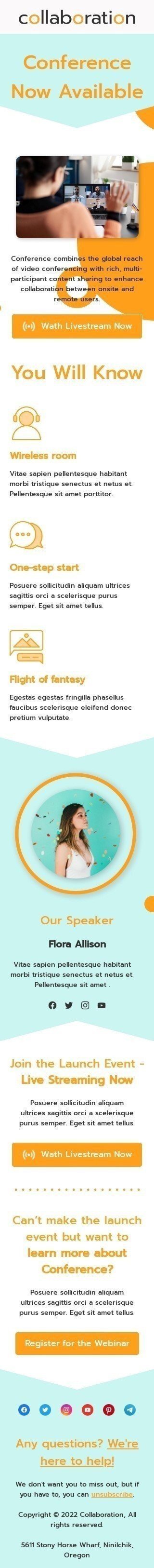 Modèle de courrier électronique Annonce de lancement de produit «Conférence maintenant disponible» pour le secteur Webinars Affichage mobile