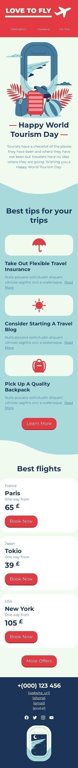 Modèle de courrier électronique Journée mondiale du tourisme «Les meilleurs conseils pour vos voyages» pour le secteur Compagnie aérienne Affichage mobile