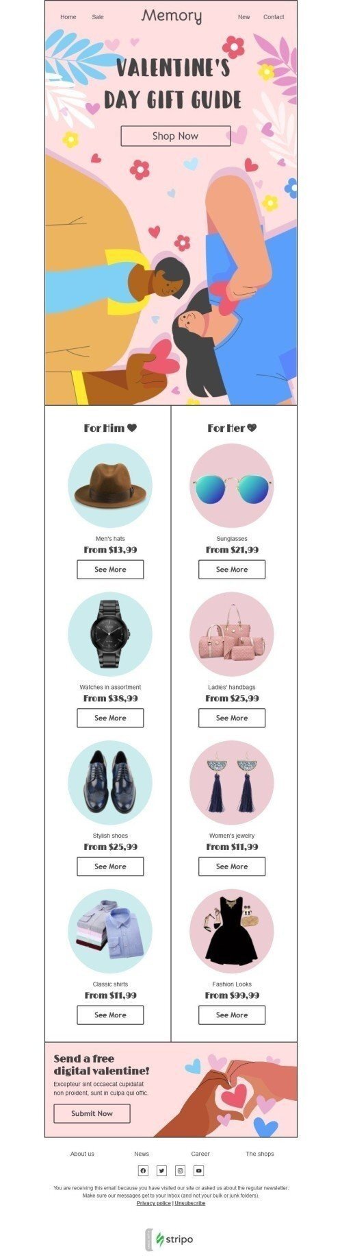 Valentinstag E-Mail-Vorlage «Senden Sie einen kostenlosen digitalen Valentinstag» für Mode-Branche Ansicht auf Mobilgeräten