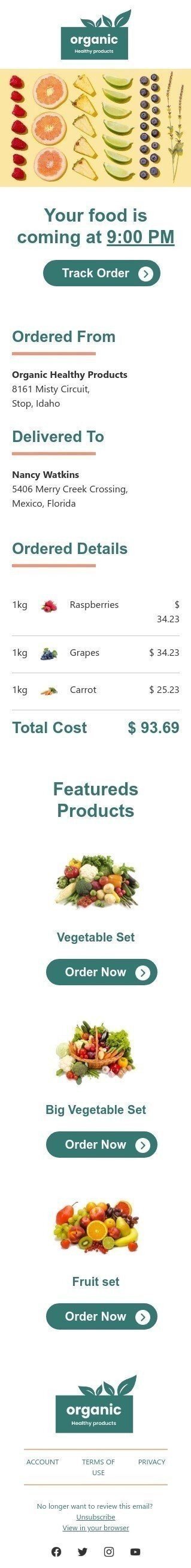 Lieferung E-Mail-Vorlage «Dein Essen kommt» für Essen-Branche Ansicht auf Mobilgeräten