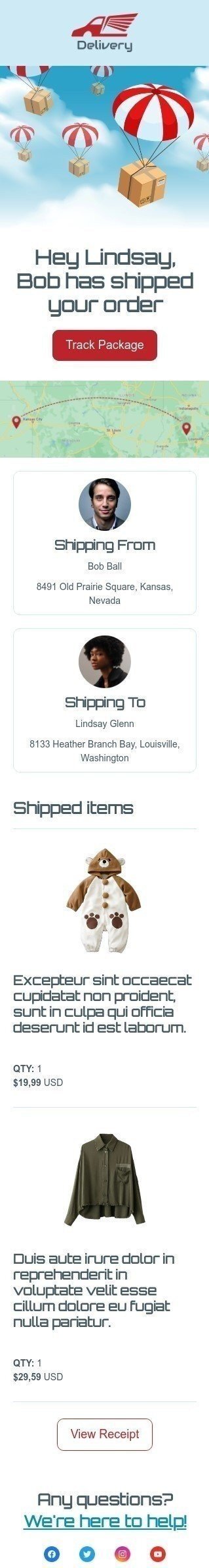 Lieferung E-Mail-Vorlage «Bob hat Ihre Bestellung versandt» für Mode-Branche Ansicht auf Mobilgeräten