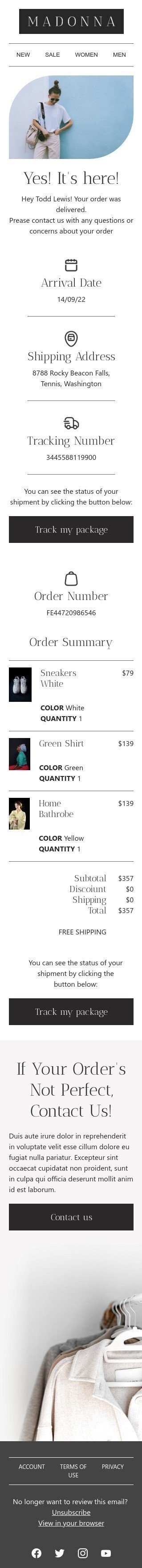 Modelo de E-mail de «Sim! Está aqui!» de Entrega para a indústria de Moda Visualização de dispositivo móvel