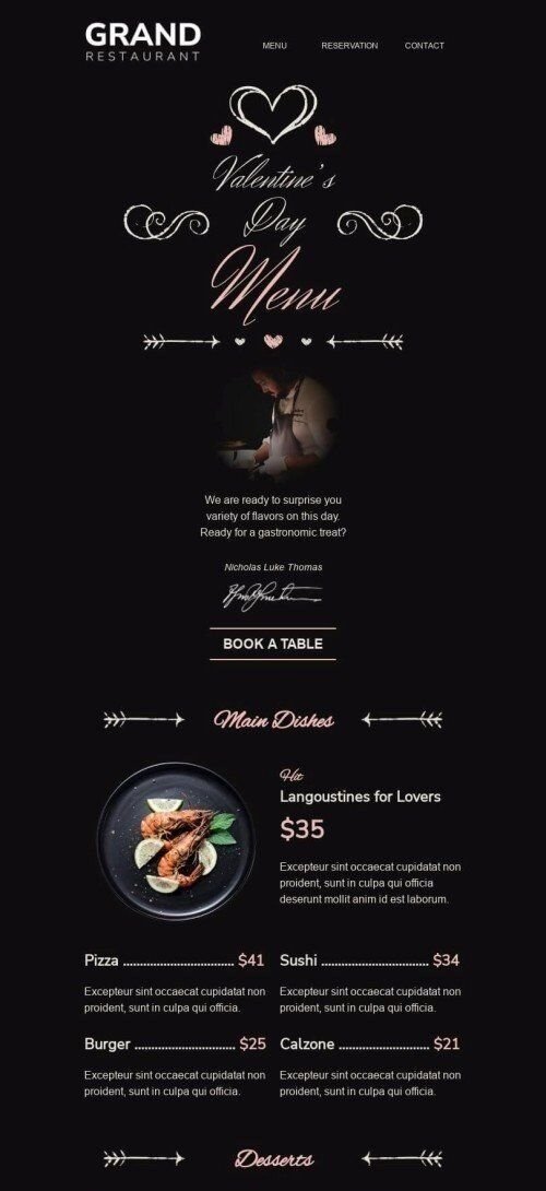 Modelo de E-mail de «Menu especial» de Dia dos Namorados para a indústria de Restaurantes Visualização de dispositivo móvel