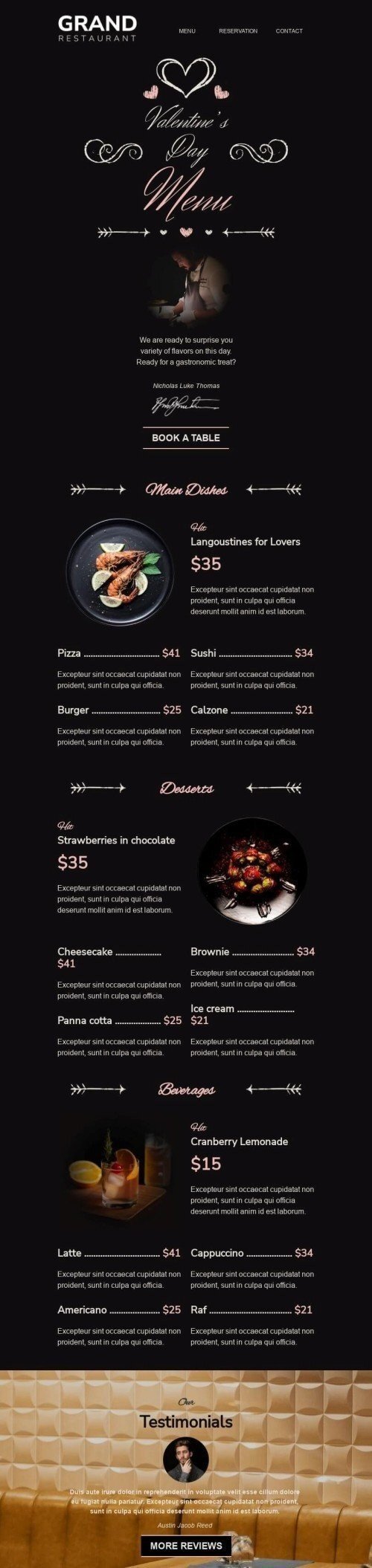 Шаблон листа до свята День Св. Валентина «Особливе меню» для індустрії «Ресторани» мобільний вигляд