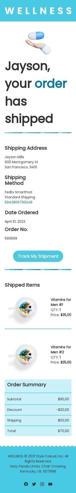 Modelo de E-mail de «Itens enviados» de Entrega para a indústria de Saúde e beleza Visualização de dispositivo móvel