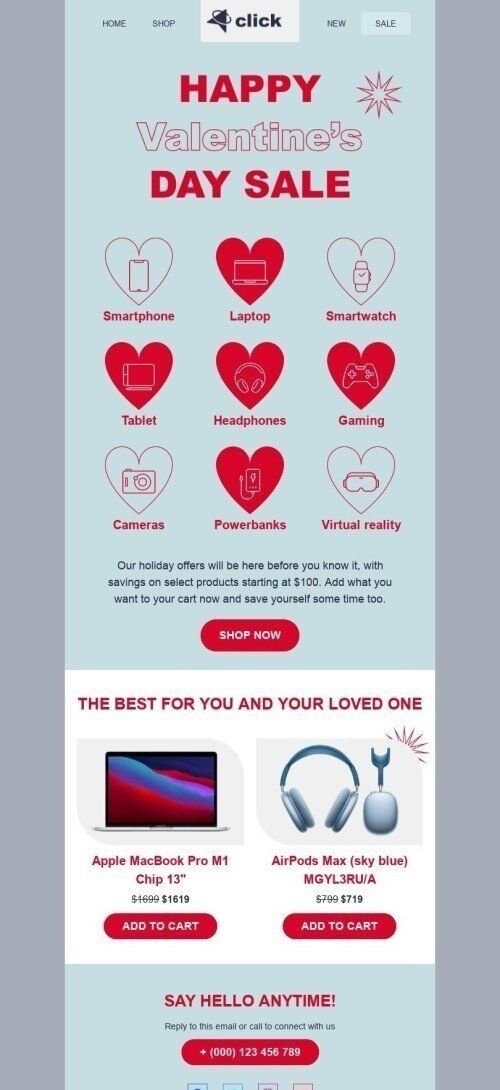 Valentinstag E-Mail-Vorlage «Liebende Herzen» für Elektronik & Gadgets-Branche Ansicht auf Mobilgeräten