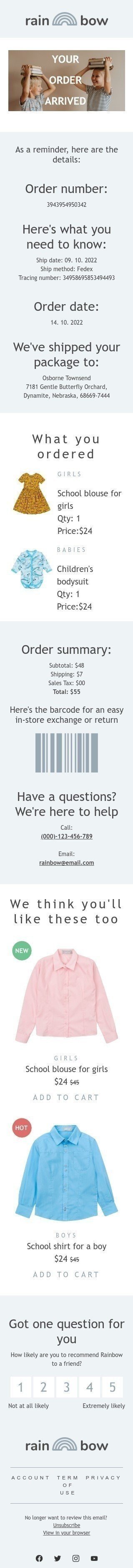 Delivery Email Template "Your order arrived" for Kids Goods industry mobile view