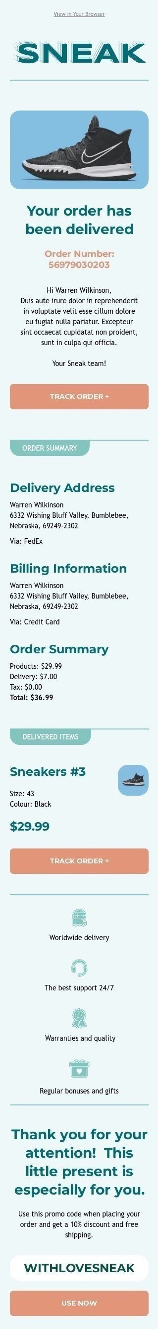 Lieferung E-Mail-Vorlage «Ihre Bestellung wurde geliefert» für Sport-Branche Ansicht auf Mobilgeräten