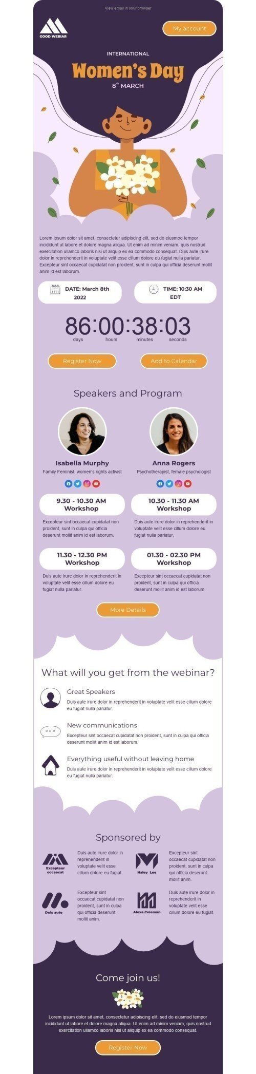 Women's Day Email Template "Webinar for women" for Webinars industrydesktop view