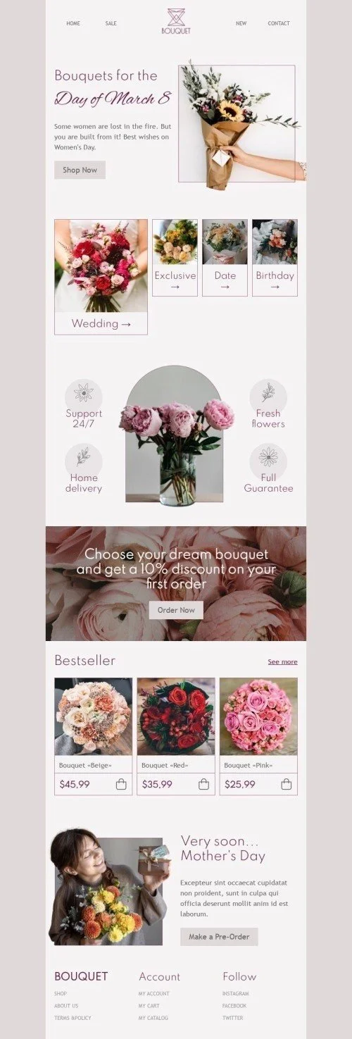 Women's Day Email Template "Best wishes on Women's Day" for Gifts & Flowers industry