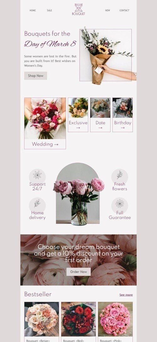 Weltfrauentag E-Mail-Vorlage «Liebe Grüße zum Frauentag» für Geschenkartikel & Blumen-Branche Ansicht auf Mobilgeräten