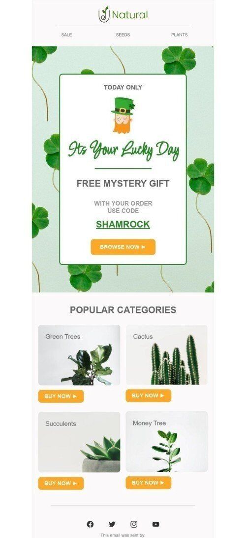 Modelo de E-mail de «Presente misterioso grátis» de Dia de São Patrício para a indústria de Móveis, Decoração e DIY Visualização de dispositivo móvel