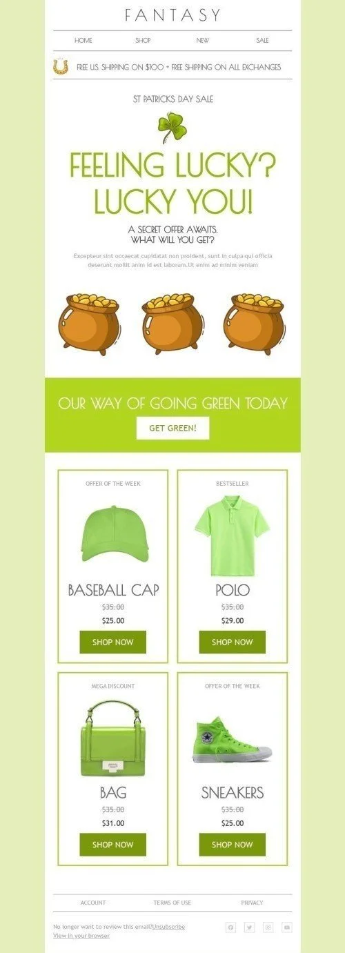 St. Patrick’s Day Email Template "Our way of going green today" for Fashion industry