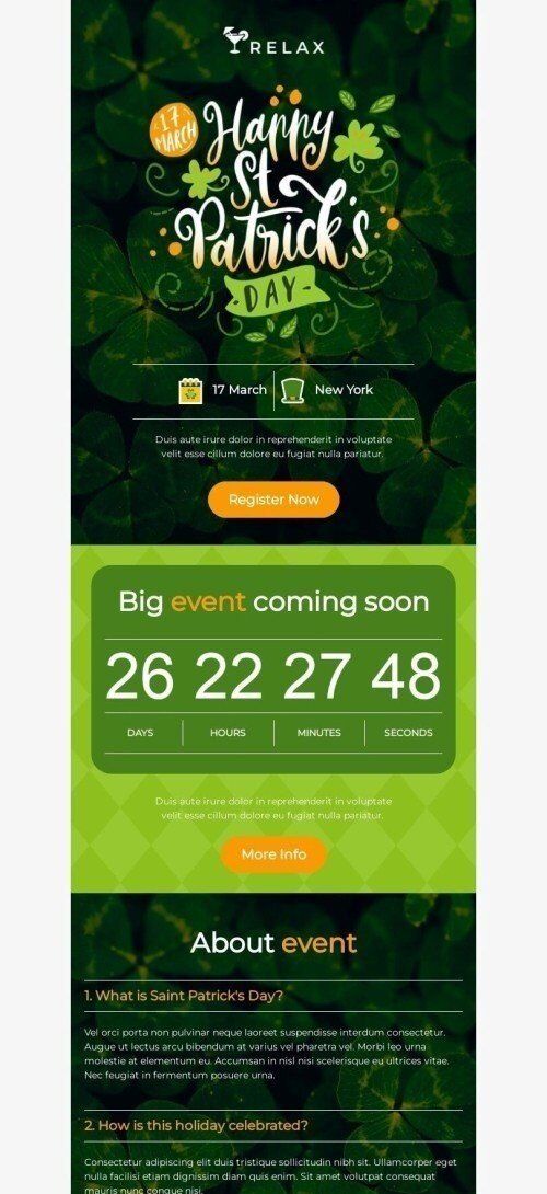 Modello Email Giorno di San Patrizio «Qual è il giorno di San Patrizio?» per il settore industriale di Hobby Visualizzazione mobile
