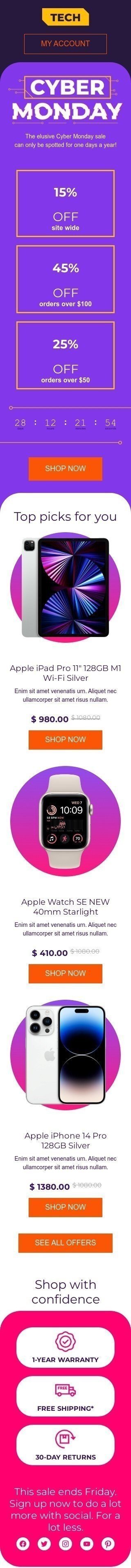 Cyber Monday email template "Top picks for you" for gadgets industry mobile view