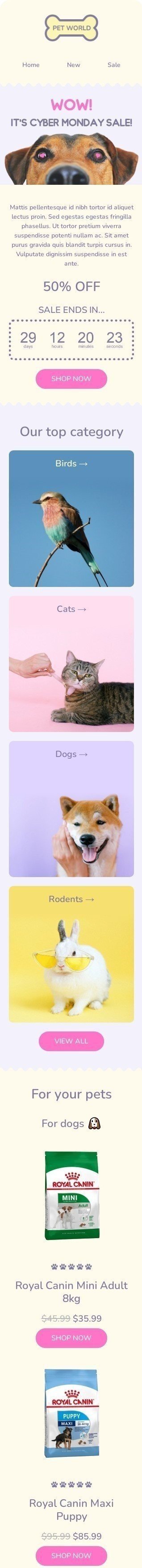 Cyber Monday email template "Cyber Monday sale" for pets industry mobile view