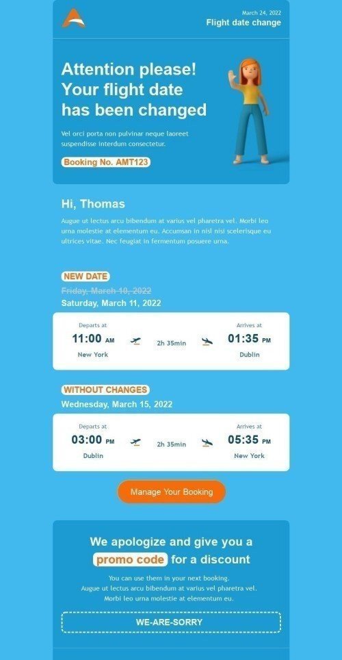 Modelo de E-mail de «Alteração da data do voo» de Alertas e Notificações para a indústria de Companhia aéreaVisualização de desktop