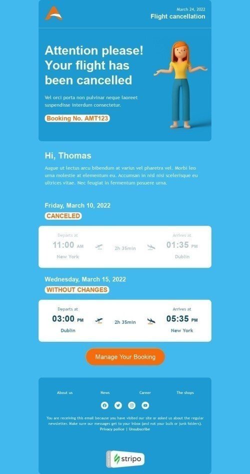 Шаблон листа «Скасування рейсу» тематики Повідомлення для індустрії «Авіалінії» мобільний вигляд