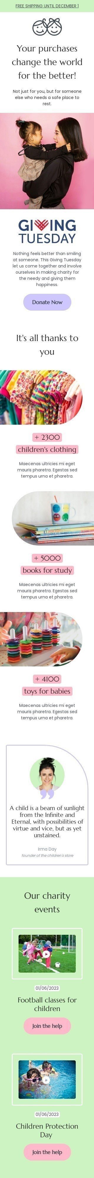 Modello email Dare martedì «I tuoi acquisti cambiano il mondo» per il settore industriale di prodotti per bambini Visualizzazione mobile