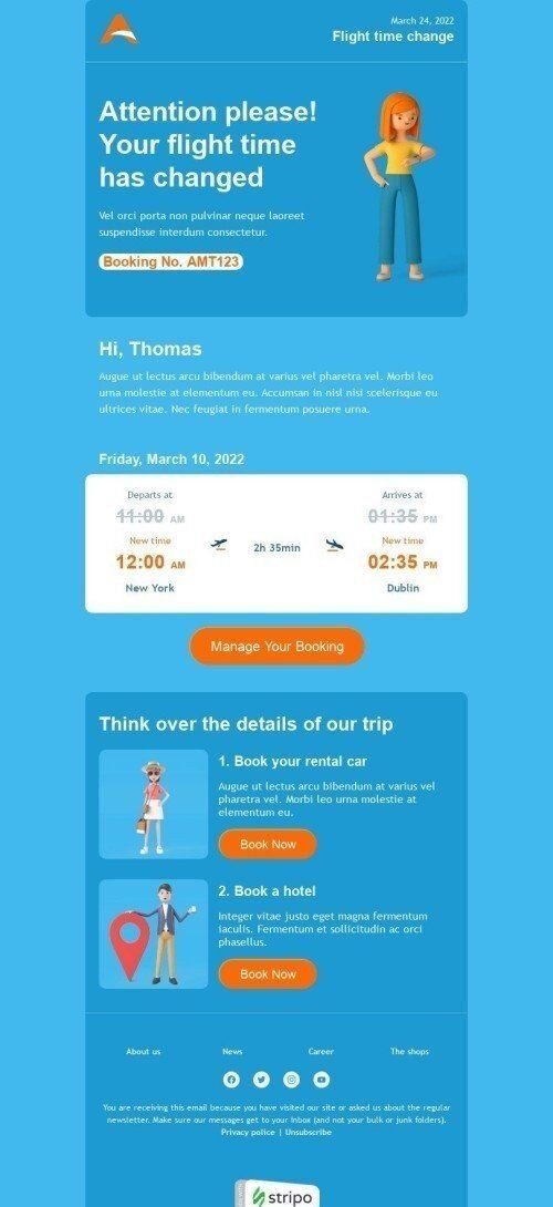 Modello Email Avvisi e notifiche «Modifica del tempo di volo» per il settore industriale di Compagnia aerea Visualizzazione mobile