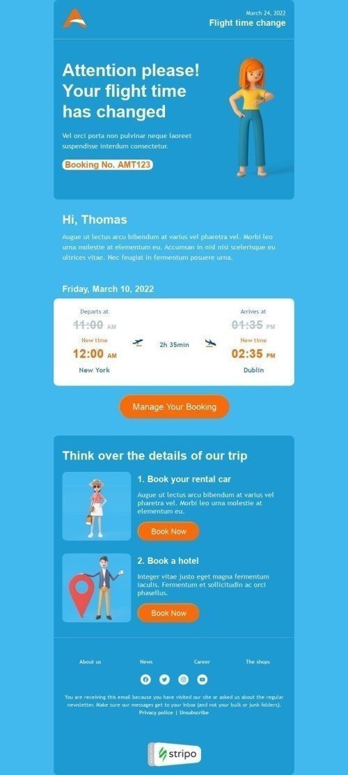 Шаблон листа «Зміна часу рейсу» тематики Повідомлення для індустрії «Авіалінії» мобільний вигляд