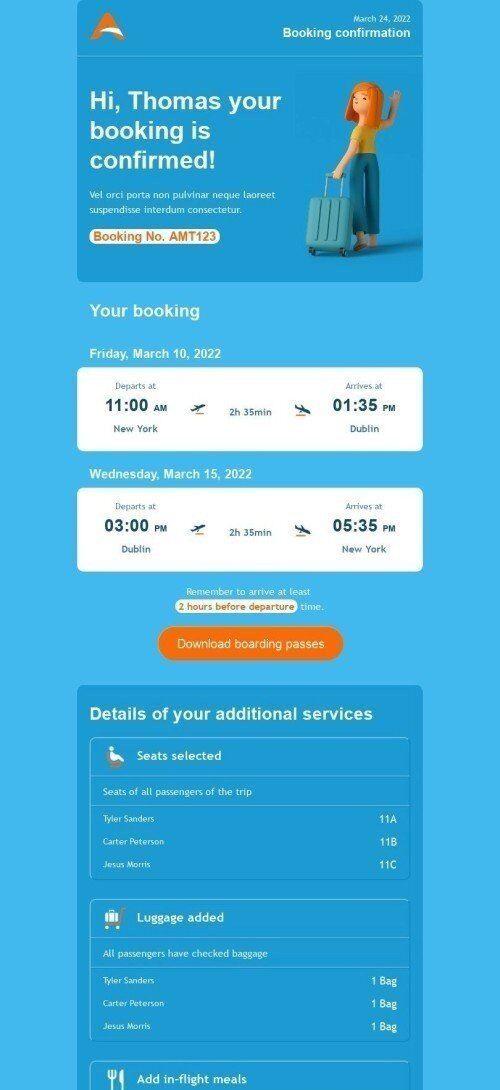 Modello Email Avvisi e notifiche «Conferma della prenotazione» per il settore industriale di Compagnia aerea Visualizzazione mobile